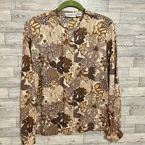 Liz Claiborne Collection 100%‎ Silk Top: tan, chocolate, florals Ladies Size 6